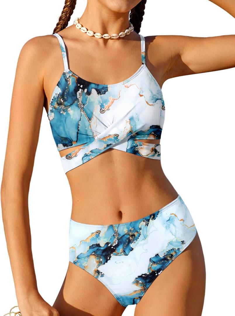 Girls Swimsuit Bathing Suits Criss Cross Bikini Set Two Piece Girls' Swimwear Solid Color Bathing Suit 7-16T (15-16 Years, Blue Marble)