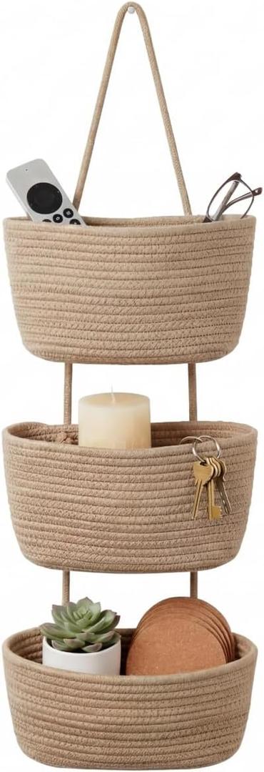 Hanging Wall Basket, Over the Door Hanging Basket with Hooks, Cotton Back of Door Organizer for Living Room, Bedroom, Boho Wall Decor, Toy Storage, Jute
