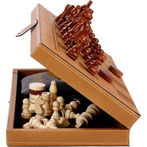 2 in 1 Magnetic Chess Set & Checkers Board Game, 15" Handmade Folding Chess Board, Portable Travel Chess Set, Beginner Chess Board Game for Adults & Kids (15 Inch) (Light Brown)
