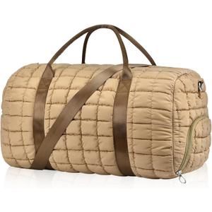 Dimayar Puffer Duffle Bag for Travel – 22”x14”x9” Airline-Approved, Puffy Weekender Bag for Women with Shoe Compartment, 40L（Khaki）