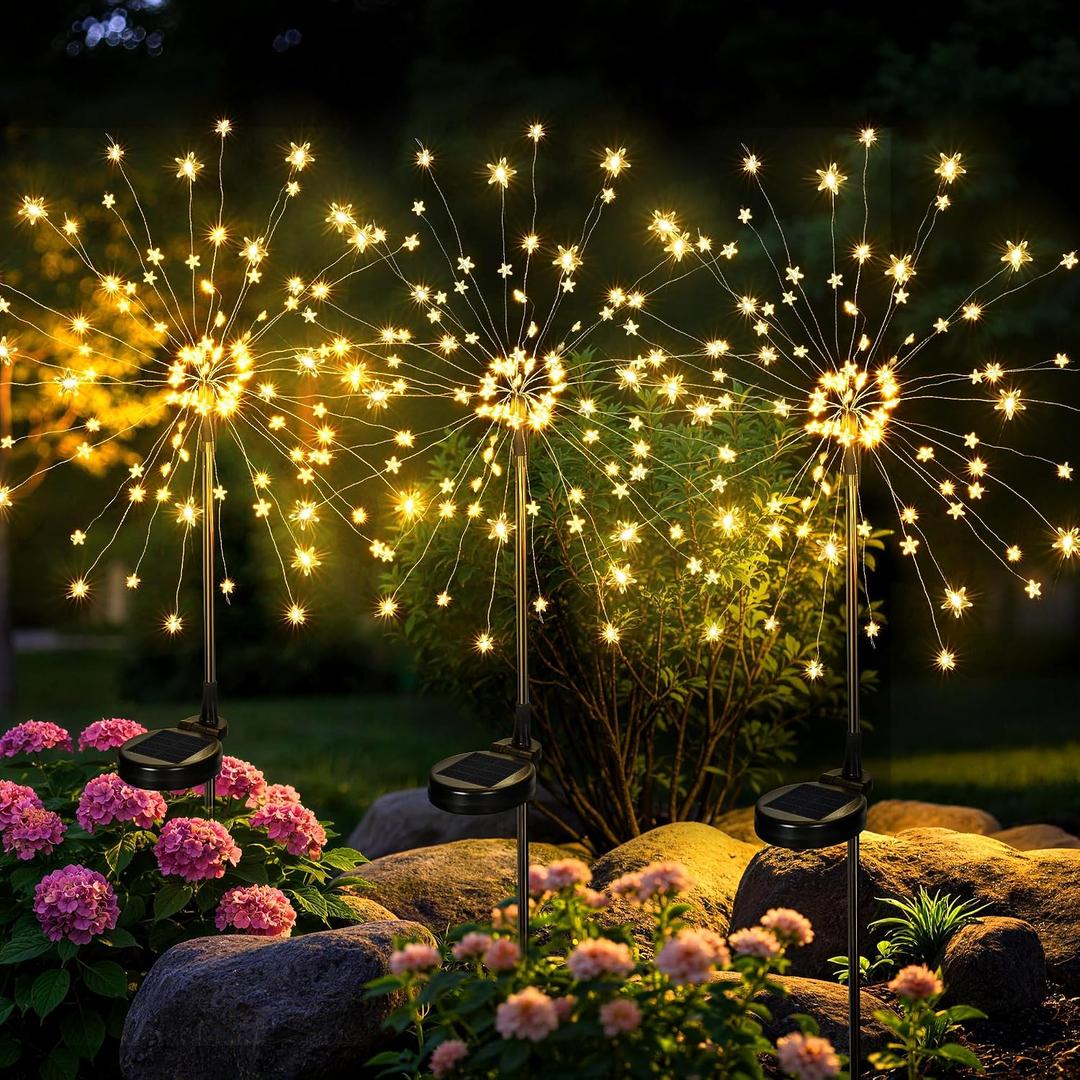 GIGALUMI Solar Lights Outdoor Garden Decor Fireworks Lights, 3 Pack Fairy Lights Outdoor Waterproof Solar Powered, Star-Shaped LED Lights for Yard Patio Pathway Walkway Decor, Warm White