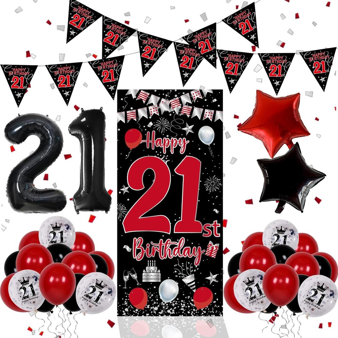 21th Birthday Decorations for Him Her, Red Black Happy 21st Birthday Decorations for Men Women, Boys 21st Bday Door Banner, Triangle Flag, Large 21 Balloons Decor for 21 Year Old Party