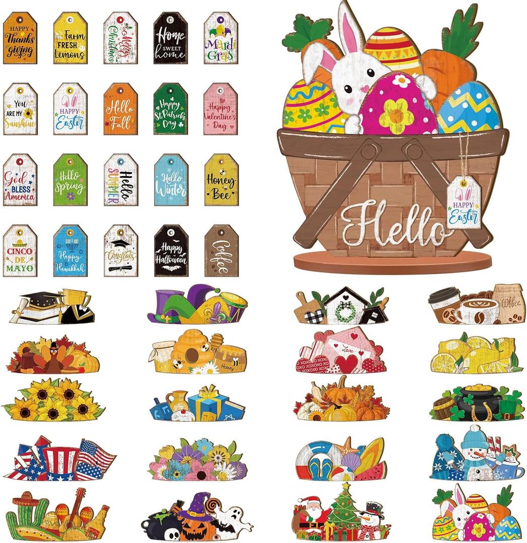 42 Pcs Small Interchangeable Easter Flower Basket Decor Holiday Seasonal Wooden Sign Rustic Farmhouse DIY Hanging Drop Spring Home Office Desk Accessories Tiered Tray Decorations Gift