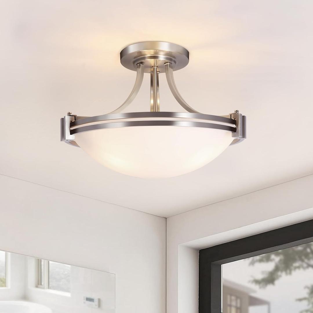 Bektas Semi Flush Mount Ceiling Light Fixture,16inch Brushed Nickel Flush Mount Ceiling Light with Milk Glass for Bedroom,Kitchen,Bathroom,Hallway,Foyer,Living Room,Dinning Room(3-Lights)