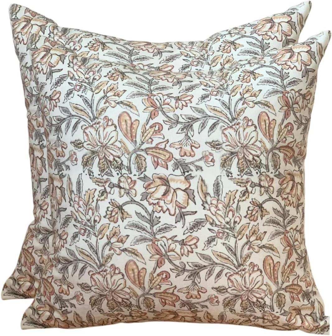 Pack of 2 Floral Pillow Covers 18x18 Vintage Double Sided Block Print Pillow Covers Farmhouse Decorative Couch Pillows for Sofa, Living Room, Boho Neutral Accent Cushion Cover (2, rust, 18X18) (Rust Tan Mustard)
