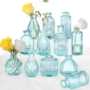 Bud Vases Set of 12, Blue Glass Vase Small Vintage Flower Vase for Decor Ribbed Glass Bud Vases in Bulk Wedding Decor Bridal Shower Party Centerpieces Home Room Table Decorations