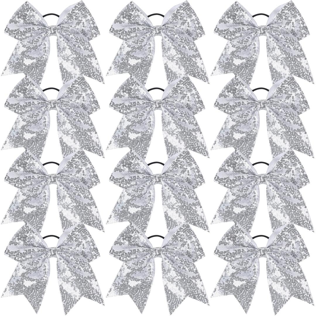 12 Pieces 8 Inch Pink Cheer Bows Glitter Jumbo Cheerleading Bow with Elastic Ponytail Holder Bow Hair Tie Band Hair Accessories for School Girls Toddlers