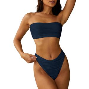 ZAFUL Women Strapless Textured Bandeau Bikini 2 Piece Swimwear Cheeky Solid Lace up Bathing Suits (Large, 1-m Navy Blue)