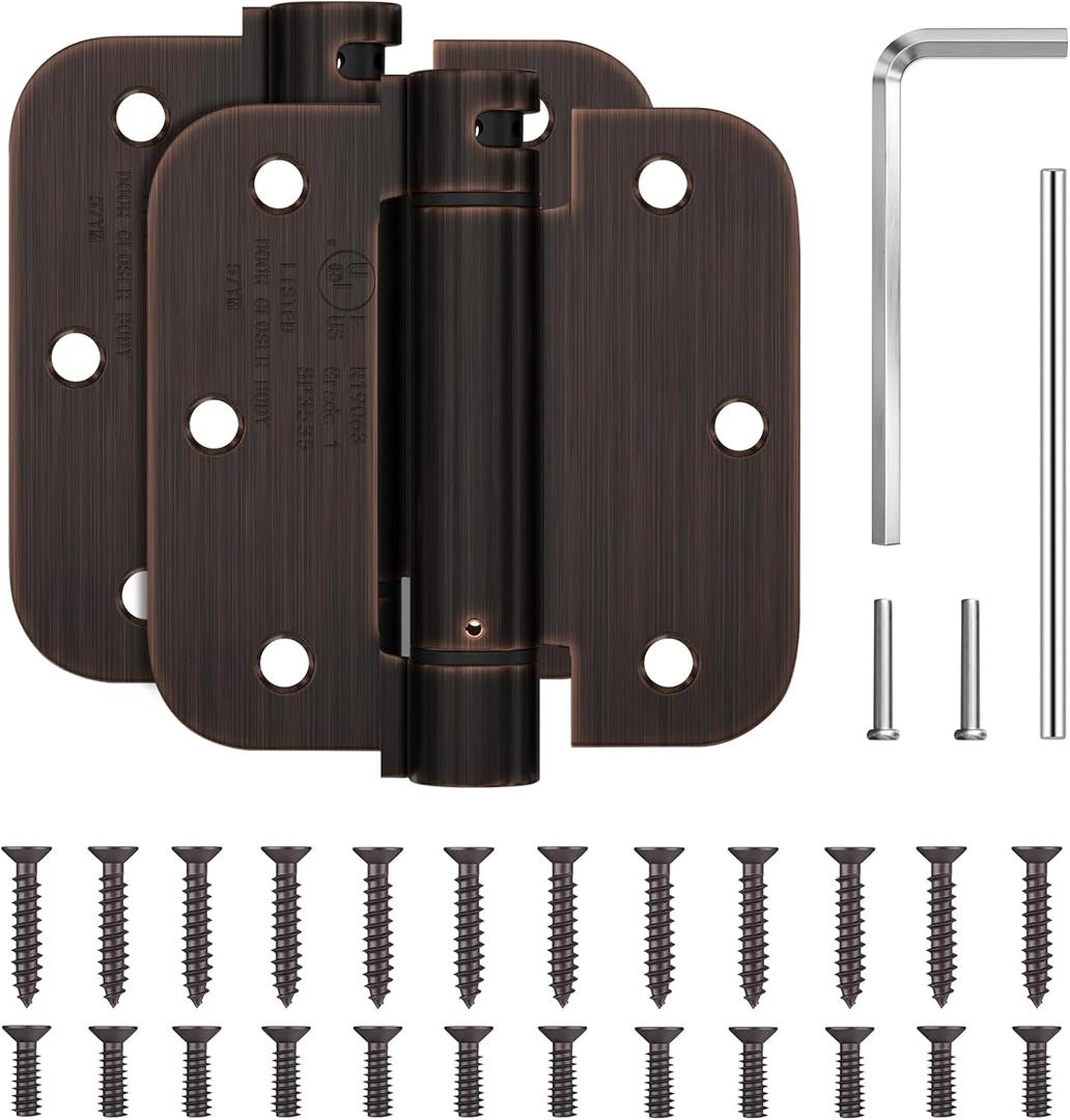 JIW Self Closing Door Hinges 3.5 Inch Oil Rubbed Bronze Spring Hinge with 5/8'' Radius Corners, Adjustable Tension for Garage, Front and Back Door, UL Listed, 2 Pack
