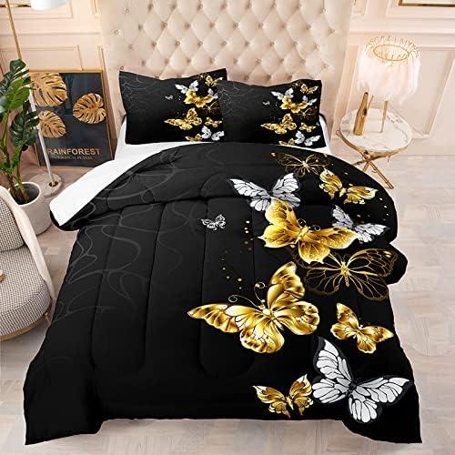 NINENINE Black and Gold Bedding Set Twin Size for Girls Boys Women Butterfly Comforter White and Gold Butterflies Bed Sets,1 Piece Comforter with Matching Pillowcase