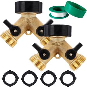 Biswing 2 Pack Garden Hose Splitter 2 Way, Heavy Duty Brass Connector Tap Splitter, Y Splitter 2 Valves with 4 Extra Rubber Washers
