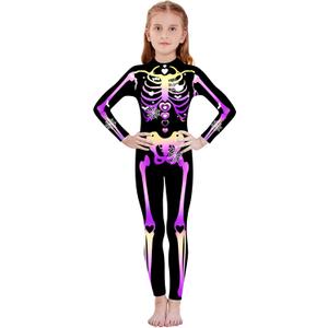 RAISEVERN Girls Skeleton Costume Kids Halloween Cosplay Jumpsuit Bodysuit 3D Graphic Costumes Size 5-14 Years (Black)