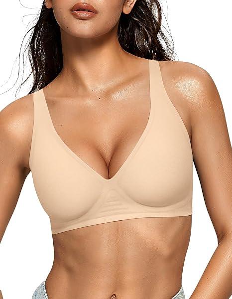 OEAK Womens Jelly Bras Wireless Deep V Bralette Comfy Push Up Tshirt Bras, X-Large, BEige