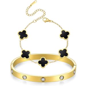 Dainty Gold Clover Bracelet Love Bangle Set Non Tarnish Gold Bracelet Stack and Black White Four Leaf Clover Bracelet Simple Cute Friendship Bangle Bracelets for Women Trendy Holiday Gifts