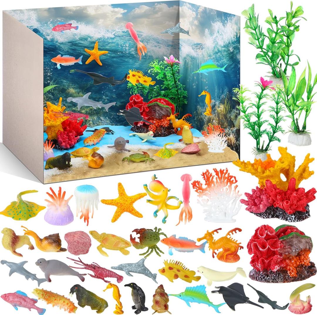 Ocean Diorama Kit Habitat Project Supplies Under The Sea Animals Figures Small Shark Fish Figures Artificial Coral Seagrass with Gift Box for Gifts Birthday Party Decorations