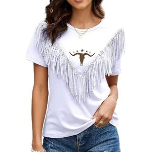 Boho Cow Skull Shirt Women Cowgirl t Shirt Vintage Western Rodeo Graphic Tee Short Sleeve Bull Skull Casual Top M