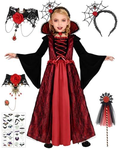 Fantspati Vampire Costume Set for Girls Halloween Dress Up with Choker Bracelet Headband Wand Kids Vampire Costume, L