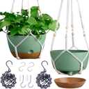 Set of 2-10 Inch Hanging Planters for Indoor Plants with Self-Watering Includes Hanging Pots for Plants, Outdoor Hanging Plant Pot with Drainage, and 2 Types of Baskets Hangers (Green, 10inch)