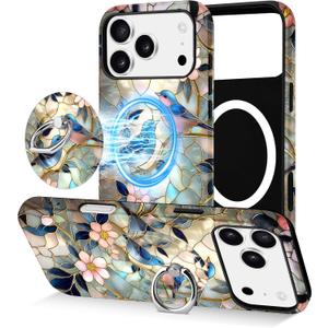 Jusy Compatible with Magsafe Stained Glass Phone Case for iPhone 17 Pro, Cute Aesthetic Magnetic Ring Holder Stand Case, Soft TPU and Hard PC Protective Phone Cover for Women Girls - Bird