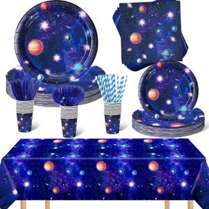 Buryeah 176 Pcs Space Themed Party Supplies Galaxy Birthday Party Decorations Space Plates Napkins Cups Knives Forks Spoons Tablecloth Galaxy Party Tableware Set for Boy Girl, Serves for 25(Planet)