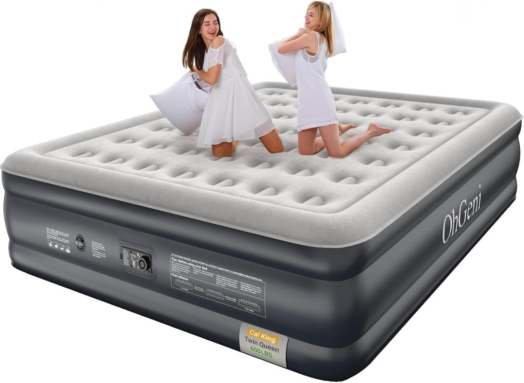 OhGeni Cal King Air Mattress with Built-in Pump for Guest, 18" Tall Inflatable Blow Up Air Bed with Carrying Bag for Camping, Raised Elevated High Airbed, Foldable & Portable Colchon inflables, Black (California King)
