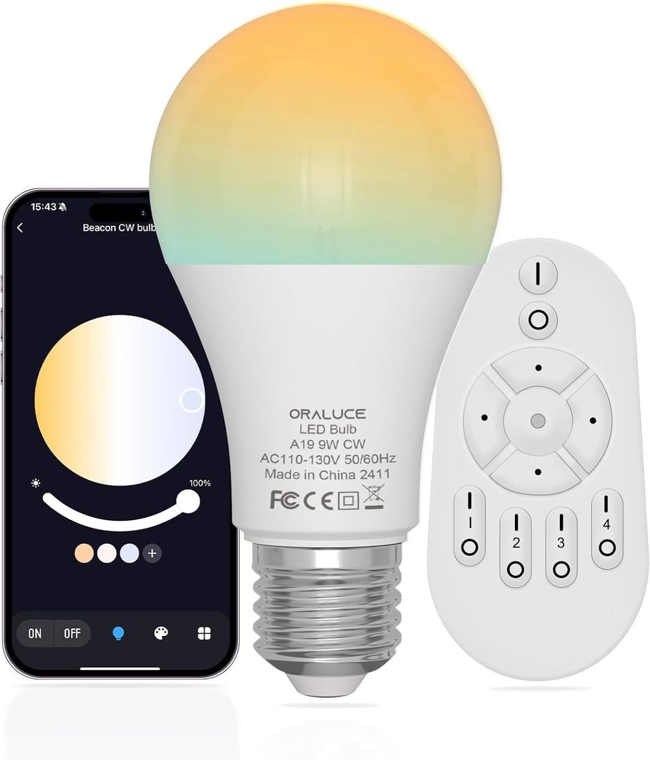 ORALUCE LED Remote Control Light Bulbs 60 Watt Equivalent, Dimmable 2700-6500K Lightbulbs E26 Base, A19 Bluetooth Smart Light Bulb for Lamp, Bedroom, 1 Pack with Remote Control