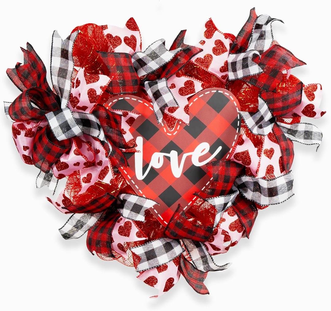 AuroraAria Heart Wreath, Valentines Wreath for Front Door, 16 Inch Rustic Farmhouse Valentines Day Wreath with Red & Pink Ribbons, Wedding Anniversary Home Decor