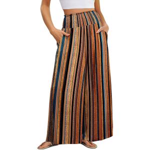 KISSMODA Women Palazzo Pants Summer Boho Bagyy Wide Leg High Smocked Waist Flowy Beach Casual Trousers with Pockets (X-Large, B Brown Orange Stripe)