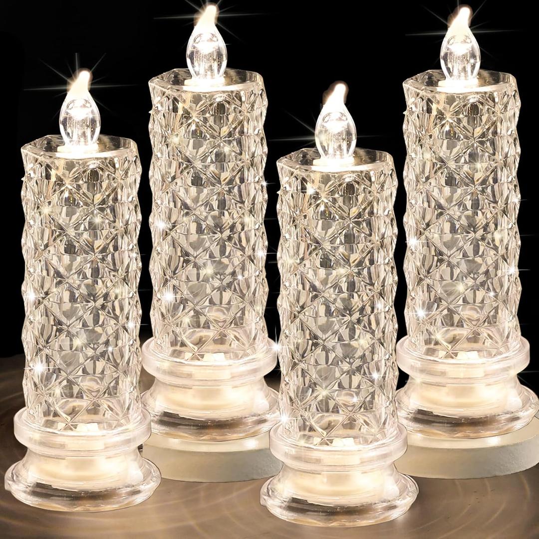 Rose Shadow LED Flameless Candles, 4PCS Romantic Battery Operated Candles Led Pillar Candles for Valentines Proposal Anniversary Wedding Christmas Decorations(White, D 2.5" x H 7.2")