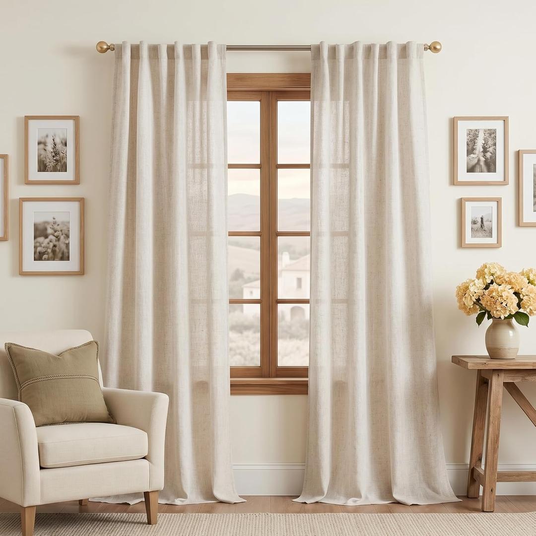 MYSKY HOME Linen Curtains for Living Room 96 Inches Long, Semi Sheer Curtains & Drapes 2 Panels Set Natural Floor to Ceiling Curtain Farmhouse Country Home Decor for Sliding Glass Door, 50" Wide