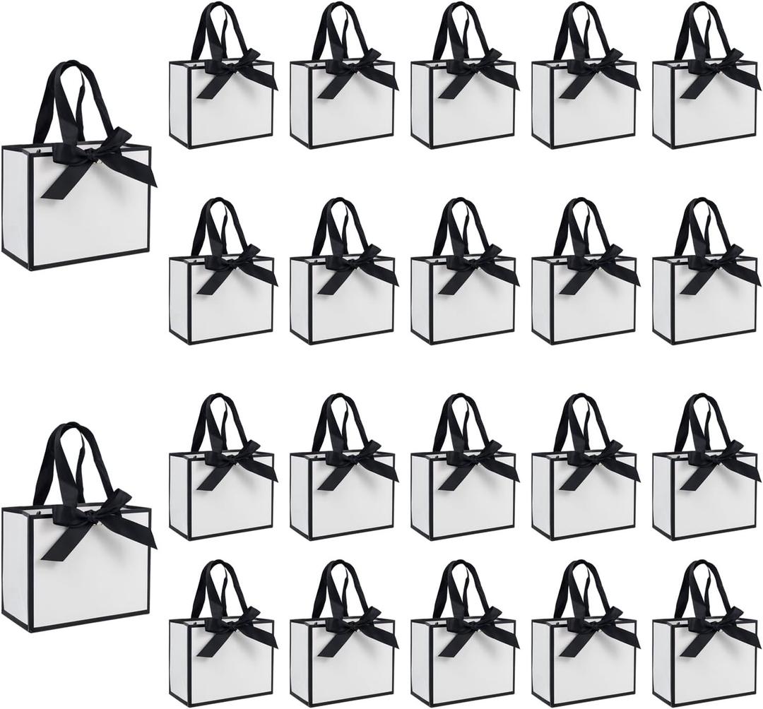TKSBAG 50 PCS Small White Black Gift Bags with Handles, 6.43.15.1 Inch Thank You Bags with Bow Ribbon for Baby Shower, Bridal Shower, Wedding, Party Favors, Back to School, Summer Party