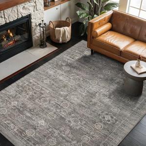 Rugxara 4x6 Rug for Living Room Bedroom, Grey Washable Throw Rugs, Vintage Retro Boho Area Rugs, Non Slip & Low Pile Accent Carpet for Indoor Dining Room, Kids Room and Office(Taupe/Grey 4x6ft)