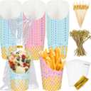 FYSUIMU 50Pcs Ice Cream Charcuterie Paper Cups with Sticks Bags Twist Ties 14oz Pink Blue Sprinkle Disposable Appetizer Cups French Fry Holder for Summer Party Supplies (EXP 12/31/36)