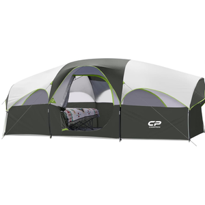 CAMPROS CP 8 Person Camping Tent, Room Divider, Rainfly, Weather Resistant
Family tent with 5 large mesh windows, double-layer design, and a carry bag, 14' x 9' x 72"(H)