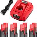 Powilling 4Pack 12V N12 Battery + Charger Compatible with Milwaukee 12V Cordless Tools - 3500mAh 48-11-2450