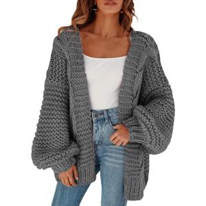 Cicy Bell Women's Open Front Chunky Knit Cardigan Loose Lantern Sleeve Oversized Sweater Coats (Medium, Grey)
