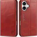 SHIELDON Case for iPhone 16 5G 2024, Genuine Leather Foldable Wallet Case Magnetic Closure Kickstand RFID Blocking Card Holder ShockAbsorbent Phone Cover Compatible with iPhone 16 6.1"  Retro Red