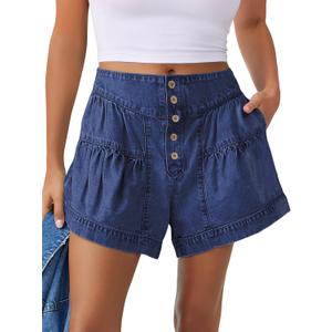 ANRABESS Women's Denim Shorts Summer Baggy High Waisted Flowy Wide Leg Buttons Pleated Casual Jean Shorts 2025 Fashion Skorts Dark Blue Small