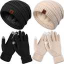4 Pcs Winter Hat and Gloves for Women Fleece Lined Knit Beanie Touchscreen Gloves Warm Skull Hat Set for Cold Weather(Black, Beige)
