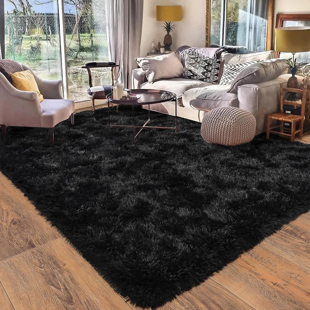 Black Rug for Bedroom, Soft Shaggy Modern Shag 4x6 Area Rugs for Living Room, Upgrade Non-Slip Plush Fluffy Carpet for Kids Boys Girls Room Dorm Home Decor Aesthetic