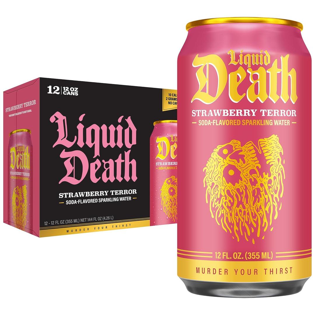 Liquid Death, Strawberry Terror, Soda Flavored Sparkling Water, 12-Pack (12oz Cans), Low Sugar, Huge Flavor & No Artificial Sweeteners