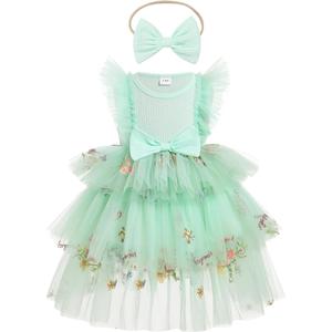OBEEII Toddler Baby Flower Girl Dress Floral Embroidery Tiered Tulle Tutu Dress with Headband Princess Birthday Party Dress, Size: 9-12 Months