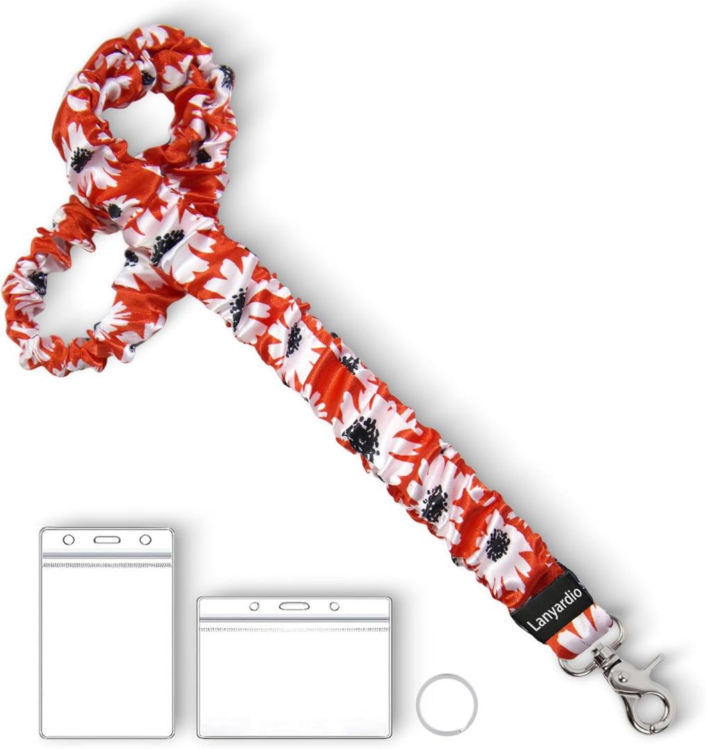 2 x Lanyardio Stretchy Scrunchie Lanyard for ID Badges Keys, Cute Teacher Lanyard for Women with 2 Card Holders 19.11 Inch (Red Flower)