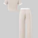 Hilinker Girl's Clothing Set Short Sleeve Crop Tops and Wide Leg Pants 2 Piece Outfits Beige White 13-14 Year (Beige)