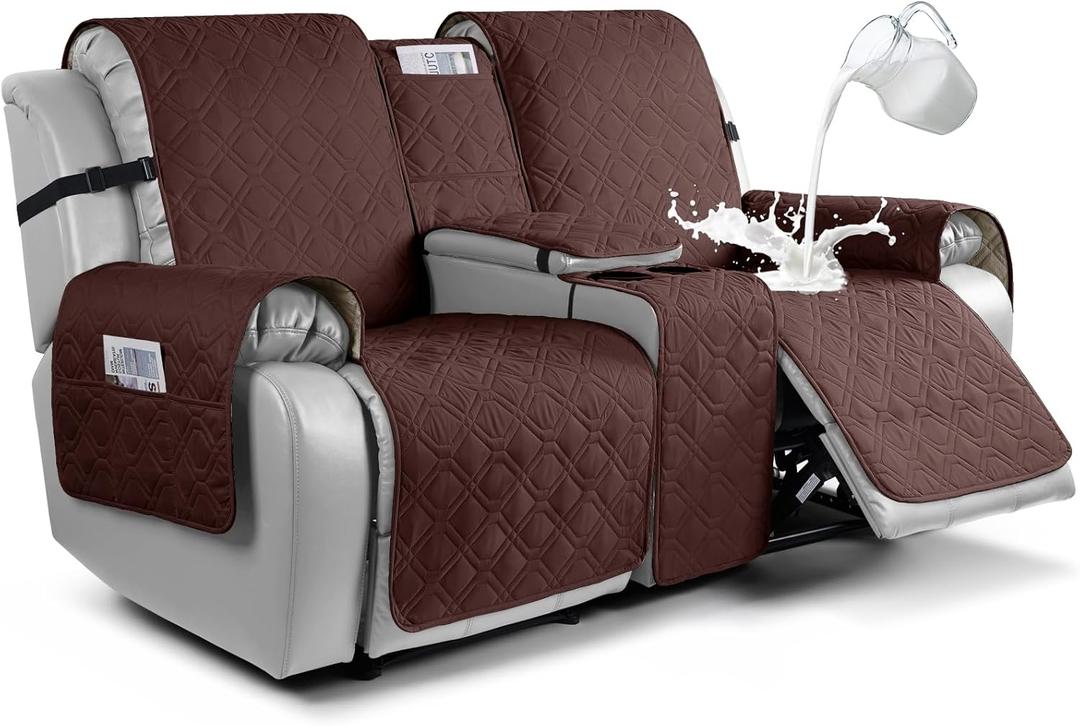 VANSOFY Loveseat Recliner Cover with Console 100% Waterproof Sofa Slipcovers Non-Slip Reclining Couch Cover Split Sofa Covers Furniture Protector for Pets, Dogs, (Coffee) (2 Seater+Console)