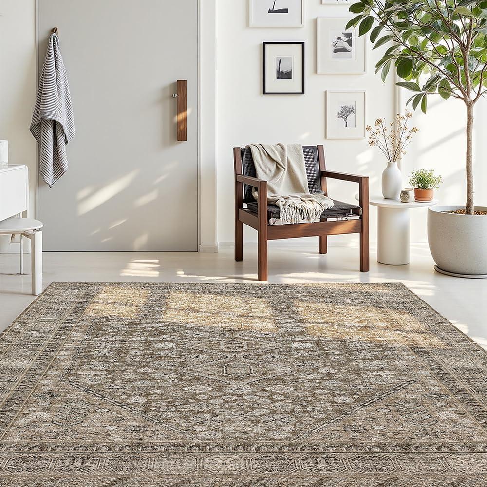 8x10 Beige Brown Washable Area Rug for Living Room, Vintage Print | Rug for Dining Room, Bedroom, Home Office, Non Slip Low Pile Carpet