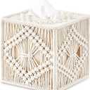 Mkono Tissue Box Cover Macrame Square Open-Bottom Tissue Box Holder Boho Decor Tissue Organizer Bohemian Handmade Woven Tissue Cube Box for Bathroom Bedroom Dresser Living Room Office Dorm, Ivory