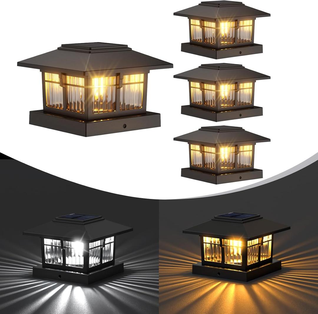EXCMARK 4x4 Solar Post Cap Lights, 4 Pack Fence Deck Post Lights Outdoor Solar Powered Waterproof with Two Light Modes Warm&Cool White for Garden Patio Decor. (Classic Black, 4)
