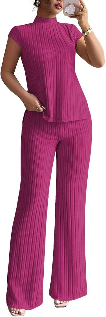 Ulovmi 2 Piece Sets Outfits for Women Summer Mock Neck Top Wide Leg Pants Ribbed Casual Lounge Set (Pink, L)