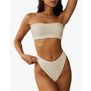 ZAFUL Women Strapless Textured Bandeau Bikini 2 Piece Swimwear Cheeky Solid Lace up Bathing Suits Size S